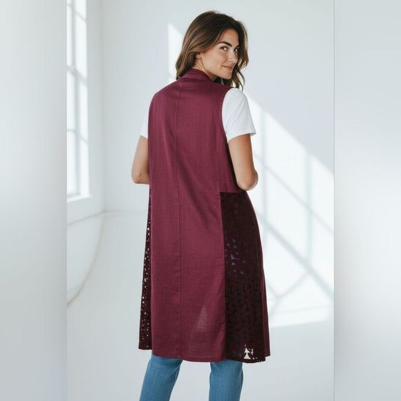 Burgandy Linen Vintage Boho Vest sz L - Picture 1 of 11